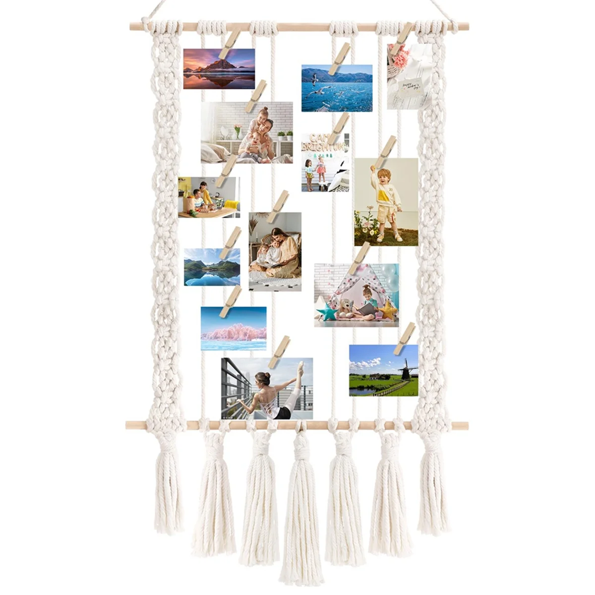 Hanging Photo Display with 30 Wood Clips Macrame Wall Hanging Picture Holder Collage Picture Frame for Boho Decor