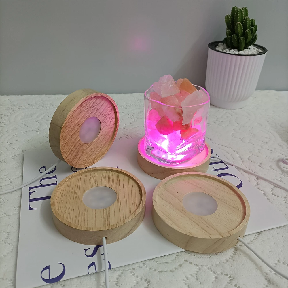 Round Wood Light Base USB Glass Resin Crystal Art Ornament Holder Rotating Display Stand Luminous Lamp Base LED Night Light