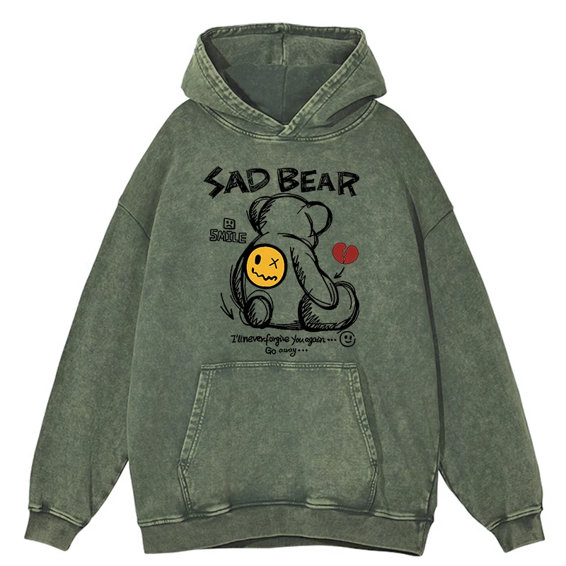 Sad Bear Printing men Distressed Hoodie Vintage Warm Washed Hoody Casual Soft Cotton Clothes Simple Oversize Sportswear Male