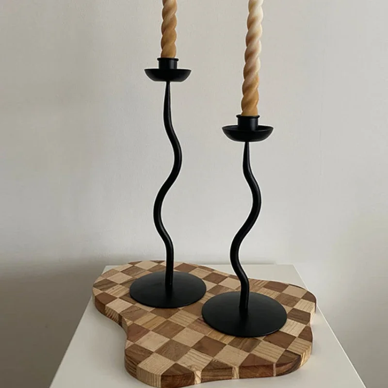 Set of 2 Vintage Hand-welded Candlestick Candelabra Black Metal Wavy Candel Holder Retro Candlestick Wabi-sabi  Decoration