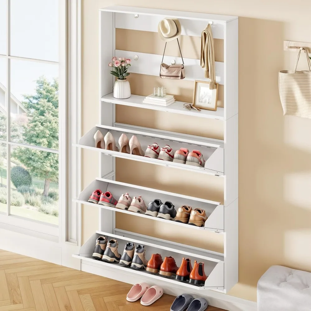

Metal Shoe Cabinet with Coat Rack, Wall Mounted Shoe Cabinet with 3 Flip Drawers, Entrance Hidden Slim Shoe Organizer