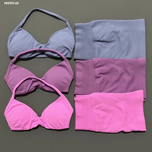 HISTELLO-Conjunto de gimnasio de 2 piezas para mujer, sujetador de Yoga con tiras, Top de entrenamiento, pantalones cortos, traje deportivo, ropa de Fitness, conjunto de Yoga sin costuras