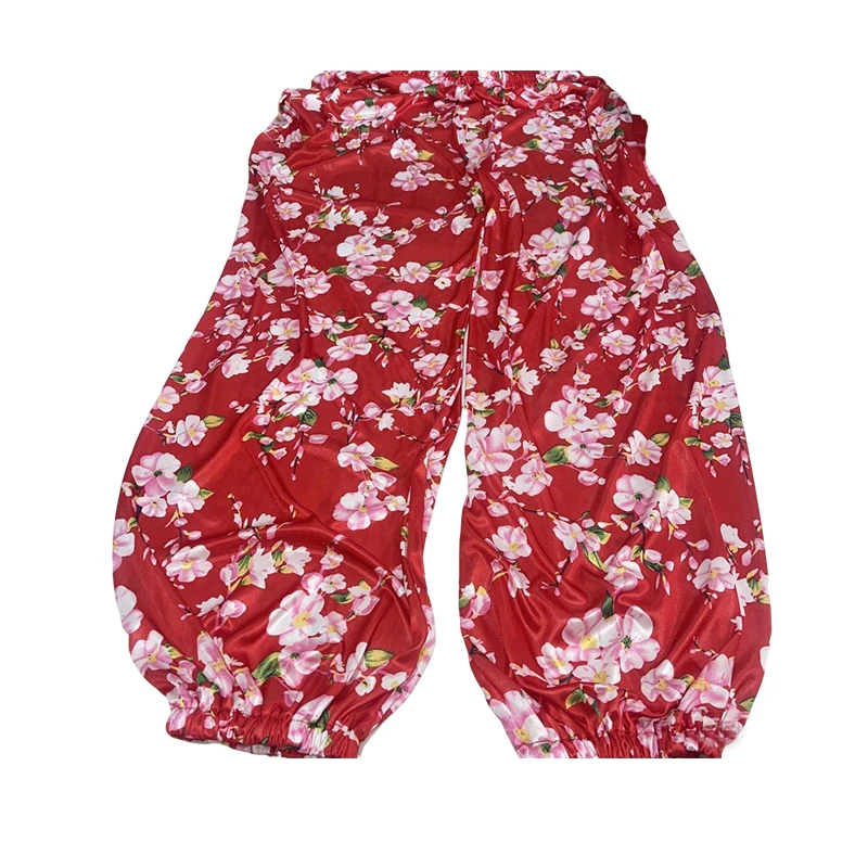 Plus Size Men Women Silky Touch Lantern Pants Red Floral Print Glossy Ice Silk Smooth Elastic Soft loose sleeping Trousers