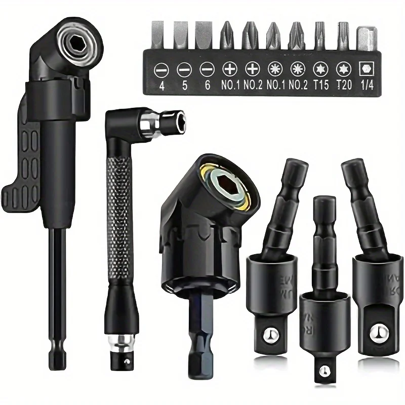 The right angle drill accessory kit includes socket adapter,hexagonal shank angle drill adapter,oblique drill bit,and batch head