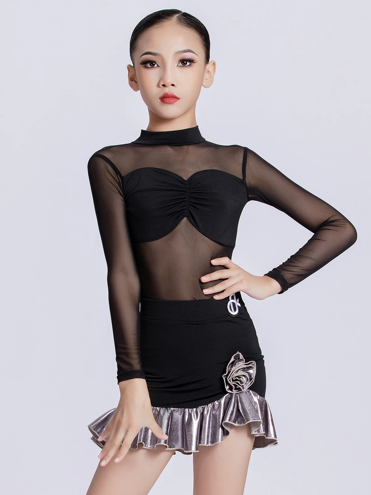 Kinderen Latin Dance Training Kostuum Kinderen Meisjes Mesh Body met lange mouwen en Plooirok Chacha Samba Competitie Danskleding