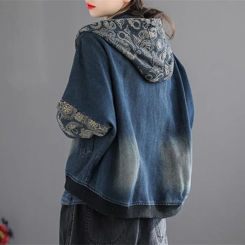 Retro Ladies Fashion Hooded Cowboy Outwear 2025 Female Long Sleeves Denim Coat Spring Autumn Women Patchwork Short Jeans Jacket