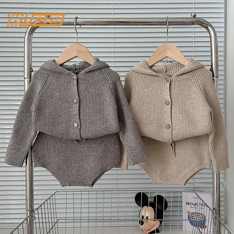 

Infant Kids Baby Boys Girls Long Sleeve Solid Color Hooded Knit Coat + Shorts Clothing Sets Kids Baby Children's Clothes Suit