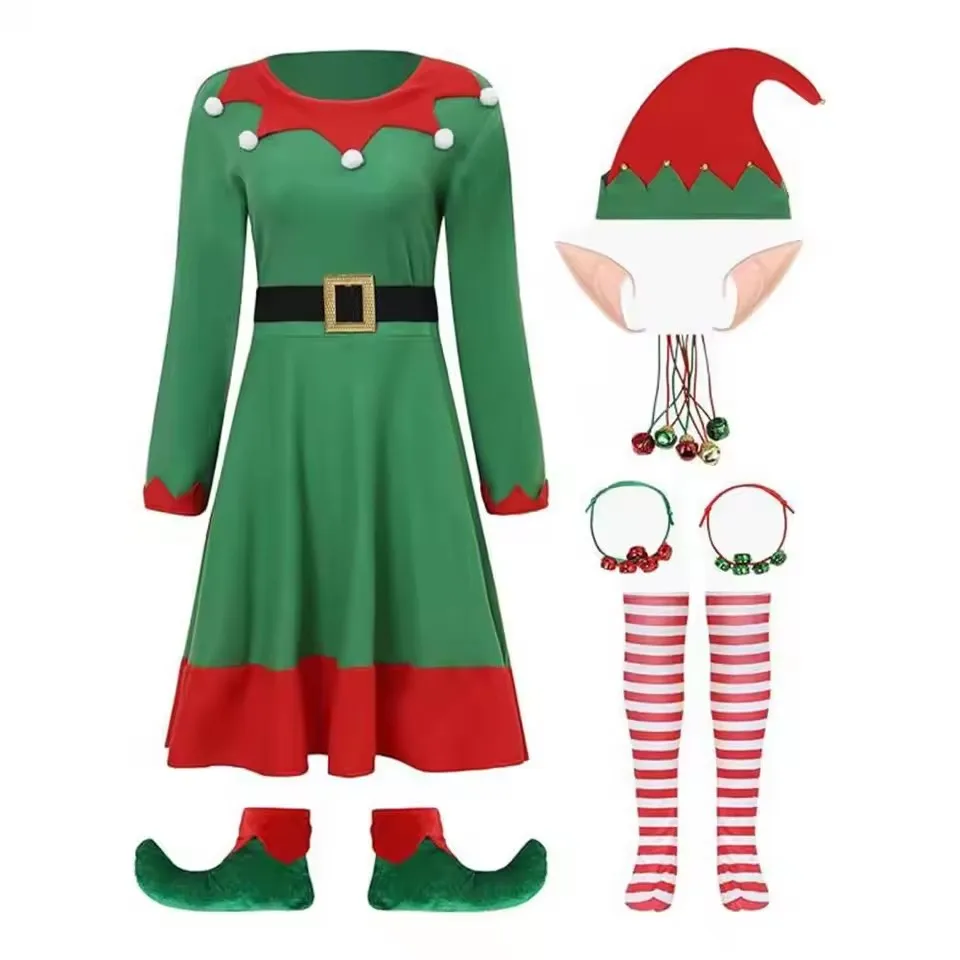Christmas Elf Family Costume Green Festive Outfit Carnival Party Halloween Dress Roleplay Clothes Set For Men Women Girls Boys