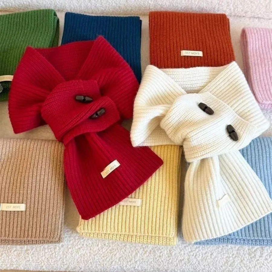 

Fashion Horn Button Scarf for Women Autumn Winter Warm Solid Color Knitted Scarf Korean Version Crossed Ladies Lazy Fake Collar