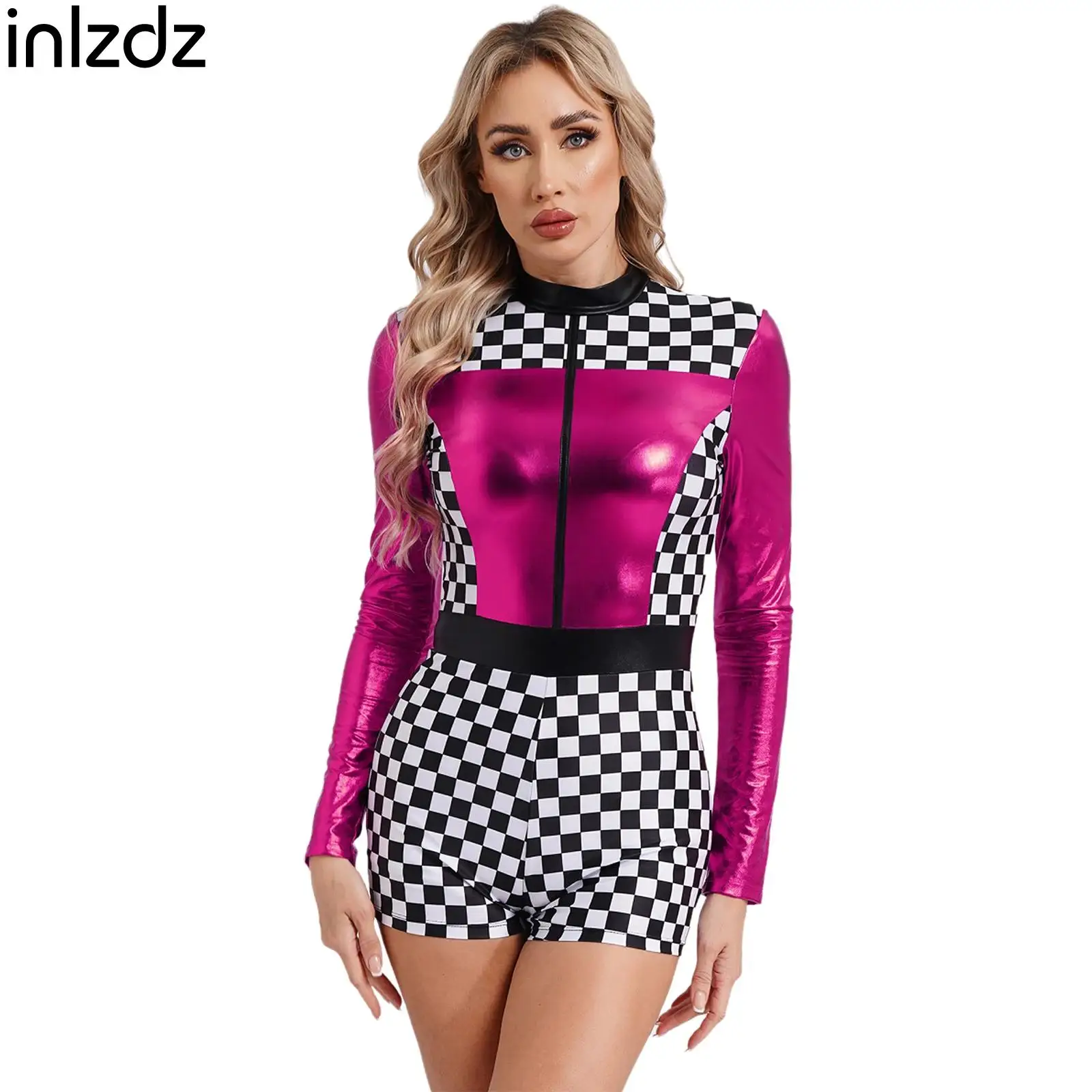 Womens Contrast Racer Romper Bodysuit Long Sleeve Boyshorts Checkerboard Driver Jumpsuit Cheerleading Halloween Cosplay Costumes