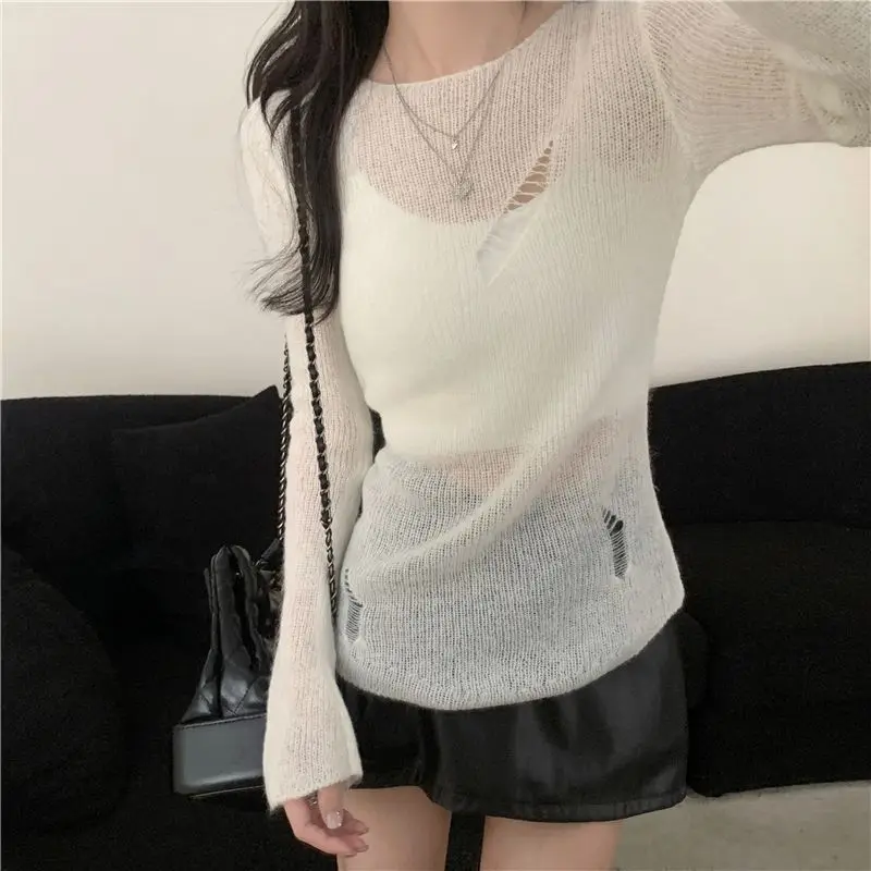 

Shpmishal Korean Fashion Hollow Sunscreen Ice Silk Knitted Shirt Summer New Black Long Sleeve Slim Design Top Female Clothing