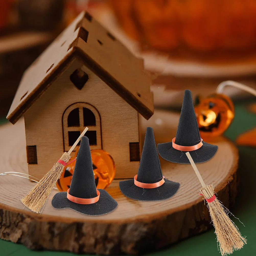 1 conjunto de chapéus de bruxa em miniatura, mini chapéu de halloween, decoração de vassoura, suprimentos de artesanato de bruxa minúscula, decoração de festa de micro paisagem