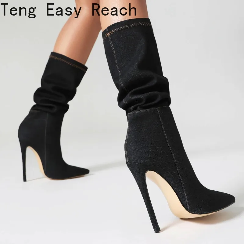 

Sexy Blue Denim Pleated Women's Knee-high Boots Fall Fashion Women's Pointy Heel Boots Winter New Sizes 34-43