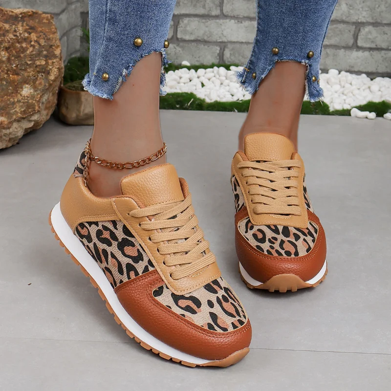 Women Casual Sneakers Women Autumn New Casual Leopard Round Toe Lace-Up Running Shoes Platform Vulcanized Shoes Plus Size 43