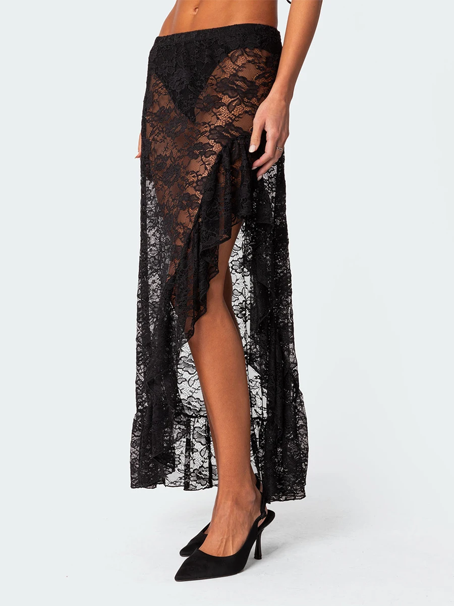 Women Y2k Lace Floral Midi Skirt Fairy Grunge Bodycon Half Skirt Solid See Through Wrapped Long Skirt Summer Beach Skirt
