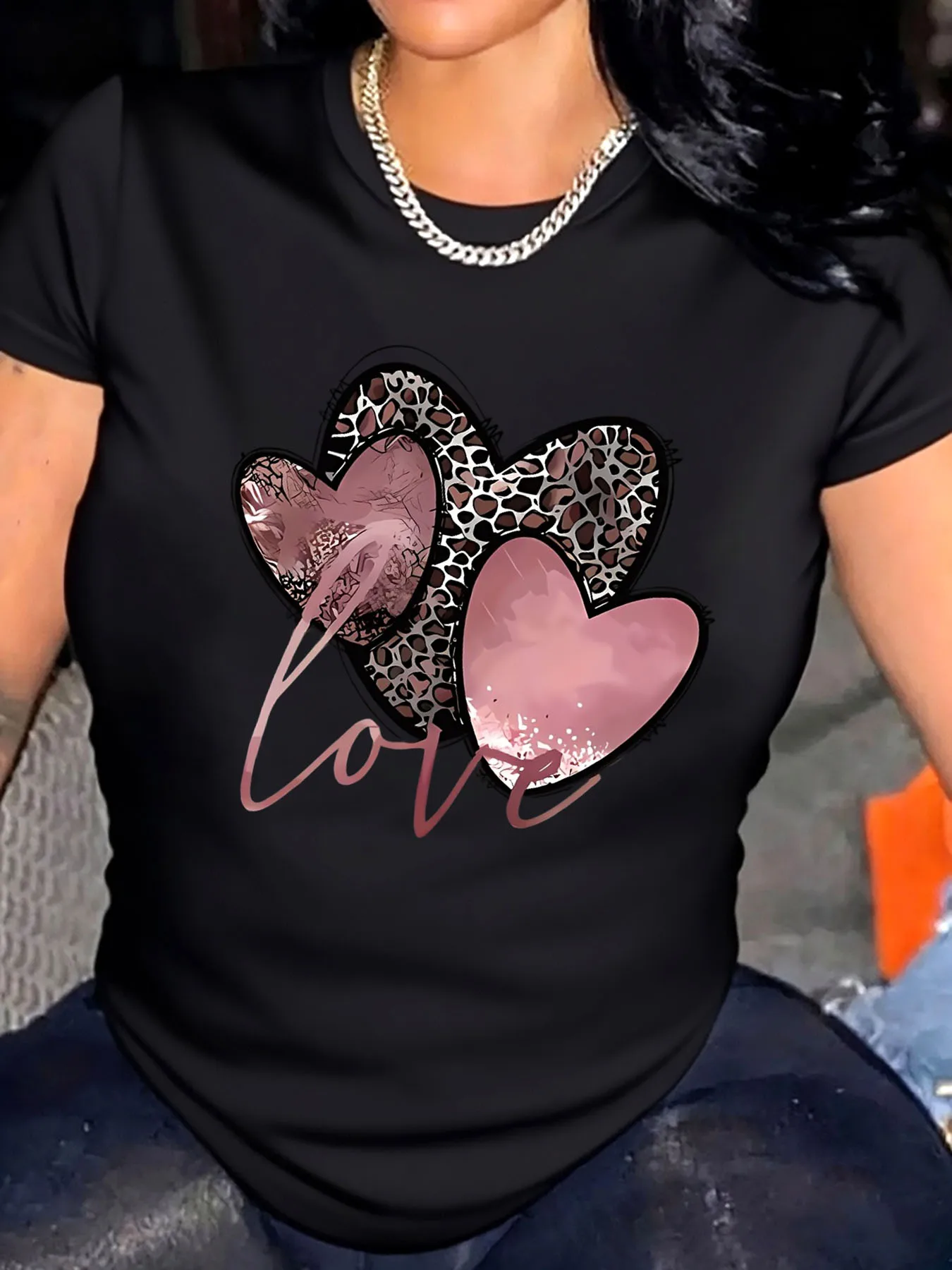 Women Plus Size T Shirt Valentine Leopard Heart Print For Outdoor