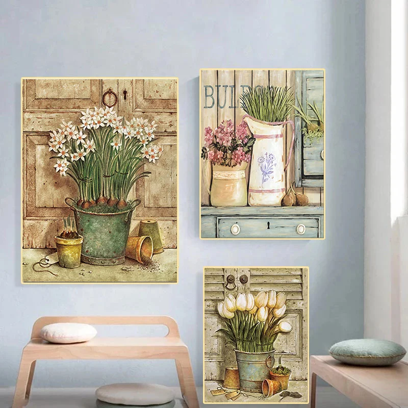 Europäische Retro-Pflanzen und Blumentopf-Poster und -Drucke, pastorale Diamantbilder, Vintage-Wandkunstbilder, Raumdeko