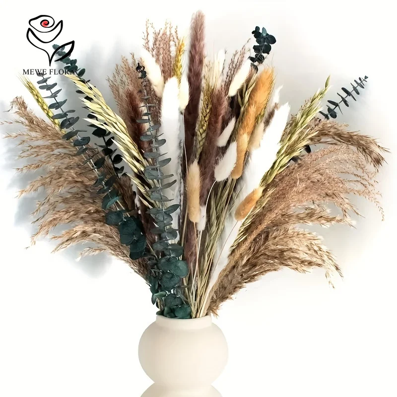

85 Piecees Natural Dried Flowers Pampas Bunny Tails Eucalyptus Bouquet Chic Home Seasonal Decor Fake Flower Wedding Arrangement