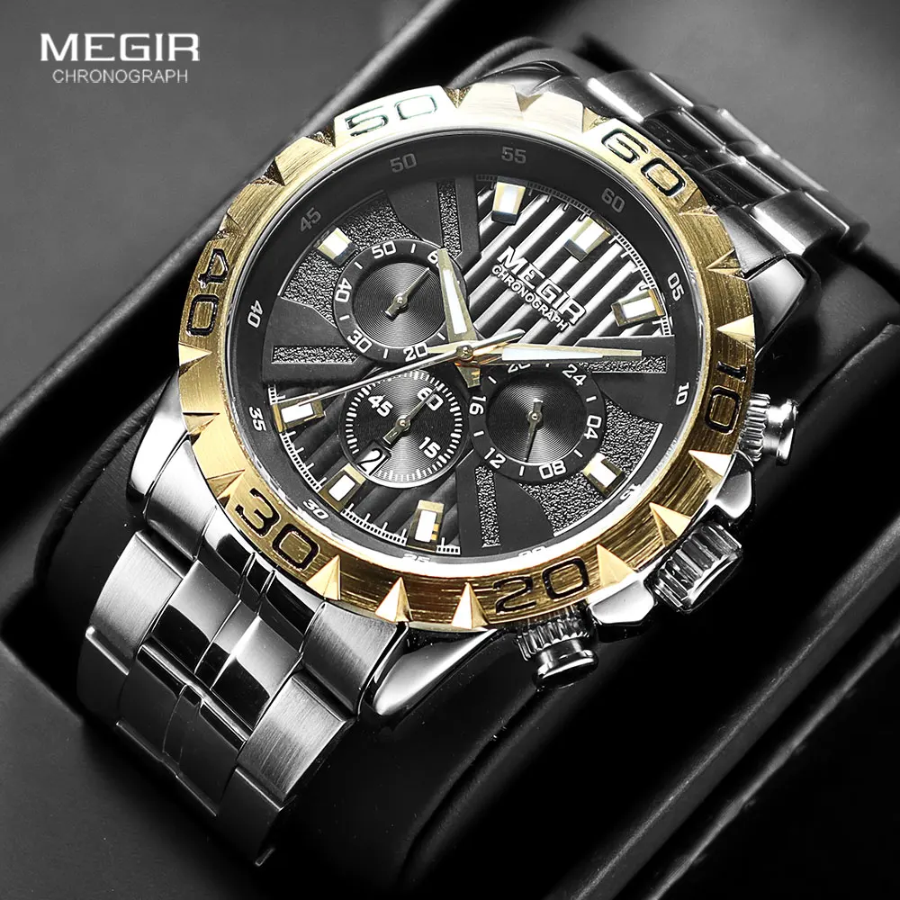 MEGIR Men\'s Business Chronograph Quartz Watches Waterproof Luminous Army Wristwatch Watch Man Relogios Masculino Clock 2087 Gold