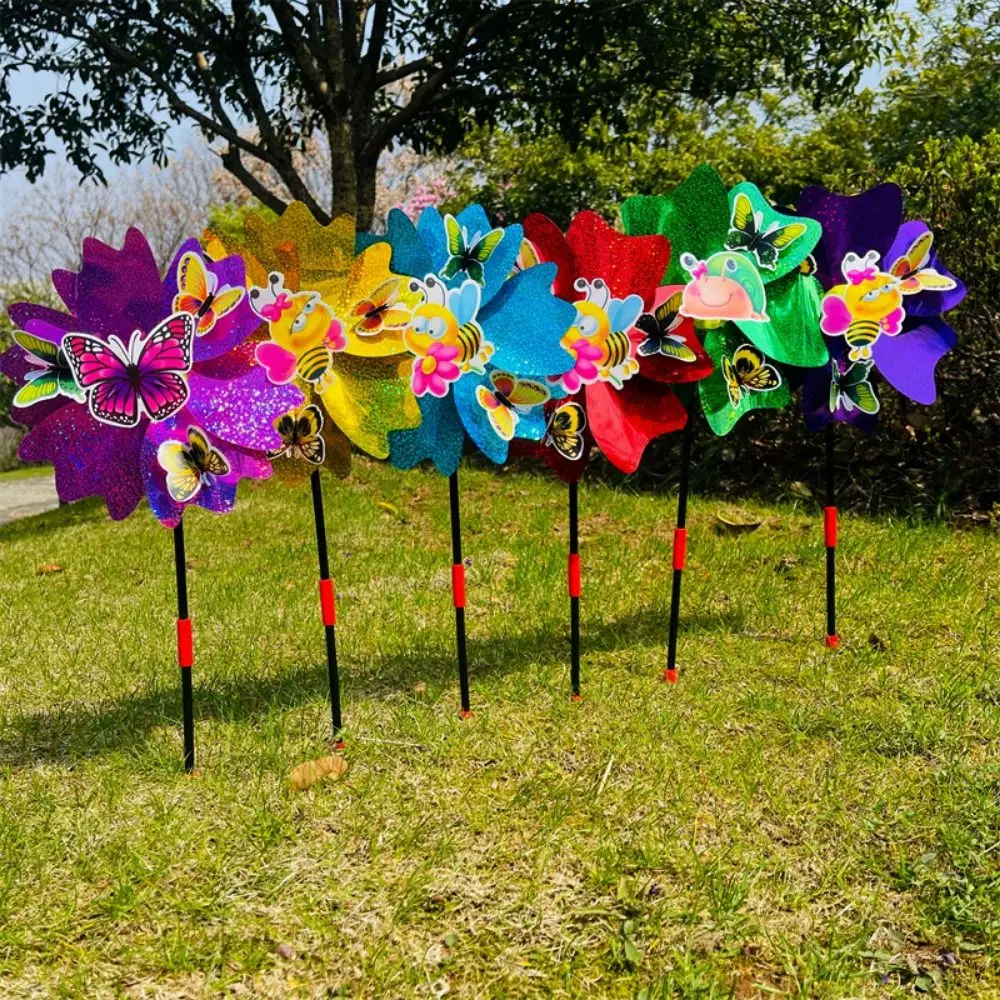 Multiestilos dos desenhos animados pétala moinho de vento colorido glitter 3d borboleta dança em pé gramado flor pvc diâmetro 24cm