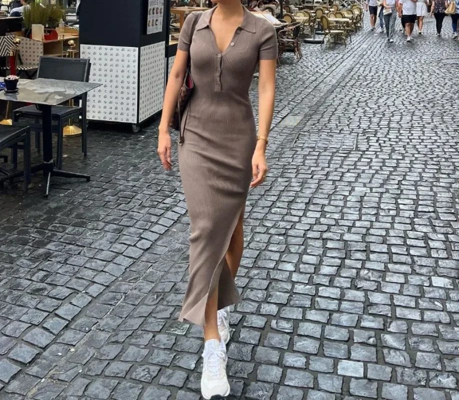 

Elegant Office Lady Maxi Dress Women Solid Fashion Evening Dresses Turn-down Collar Button Side Slit Bodycon Street Robe Платье