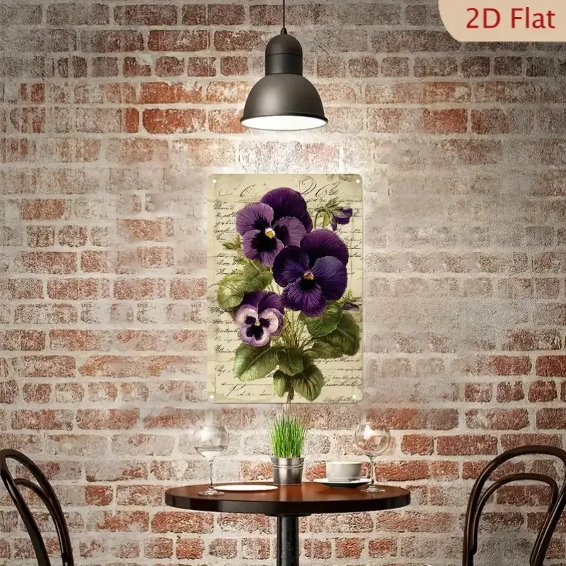 2D Flat 1pc Vintage Pansy Flowers Metal Wall Art Sign- 8x12 Inch Purple and Green Botanical Aluminum Tin Sign with Aged Parch