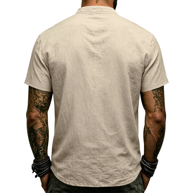 Summer Vintage Drawstring Pull On Casual Shirts Men Solid Stand Collar Short Sleeve Beach Shirt Male Fashion Pullover Blouse