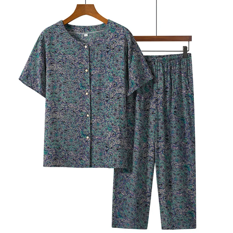 Fdfklak Middle-Aged And Elderly Short Sleeve Sleepwear Loose 2 Pieces Pijama Pjs Loungewear Summer New Sleeping Suit