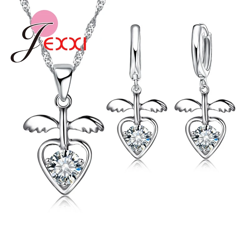 

Unique Design Wing Heart Romantic 925 Sterling Silver Color Color Wedding Bridal Necklace Earrings Pendant Jewelry Set For Women