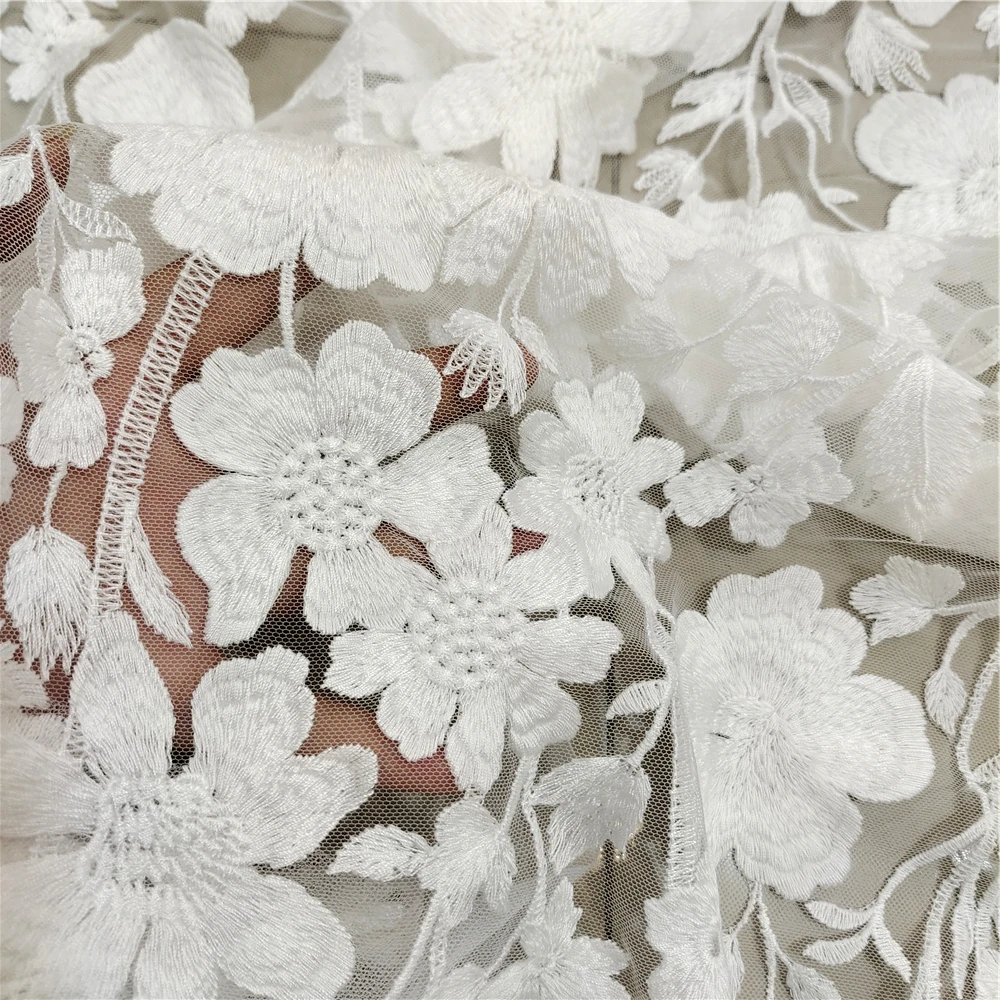 Reiner Baumwoll-Stickerei-Blumen-Spitzenstoff, 3D-Applikation, Hochzeitskleid, Braut, individuell, hochwertig – Detail 4