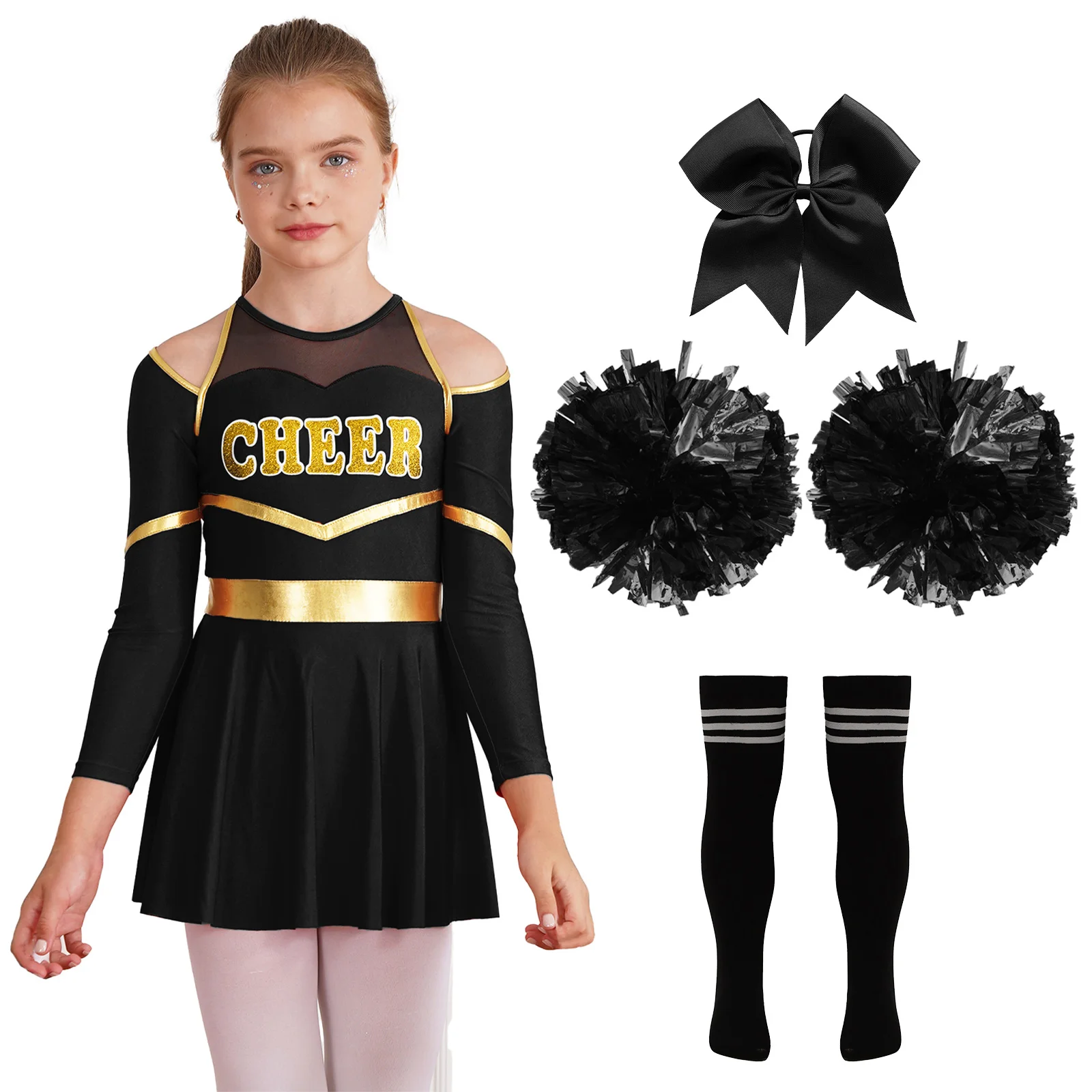 Tenue de pom-pom girl pour enfants, robe à manches longues, stock de pompons, uniformes d'encouragement d'écolières, costume de danse