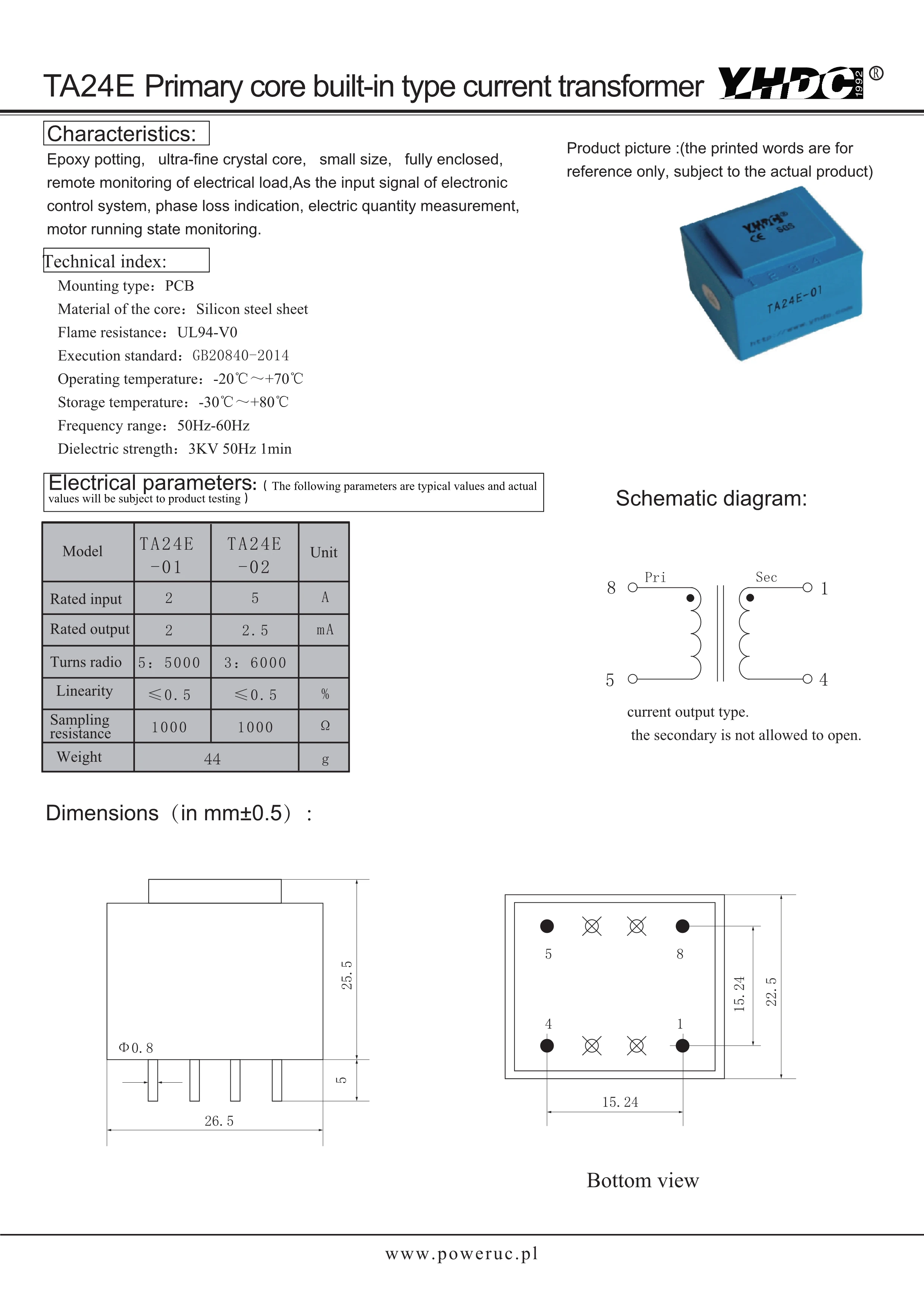 YHDC TA24E-01/02 Primary Core Built-in Type Current Transformer Input 2A/5A Output 2mA/2.5mA PCB Mounting