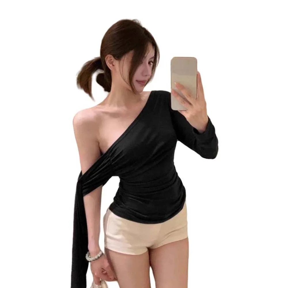 

Sexy Slanted Shoulder Crop Tops Tight-Fitting Ribbon Off Shoulder Tops Long Sleeved Slimming Y2K T-shirts Streetwear