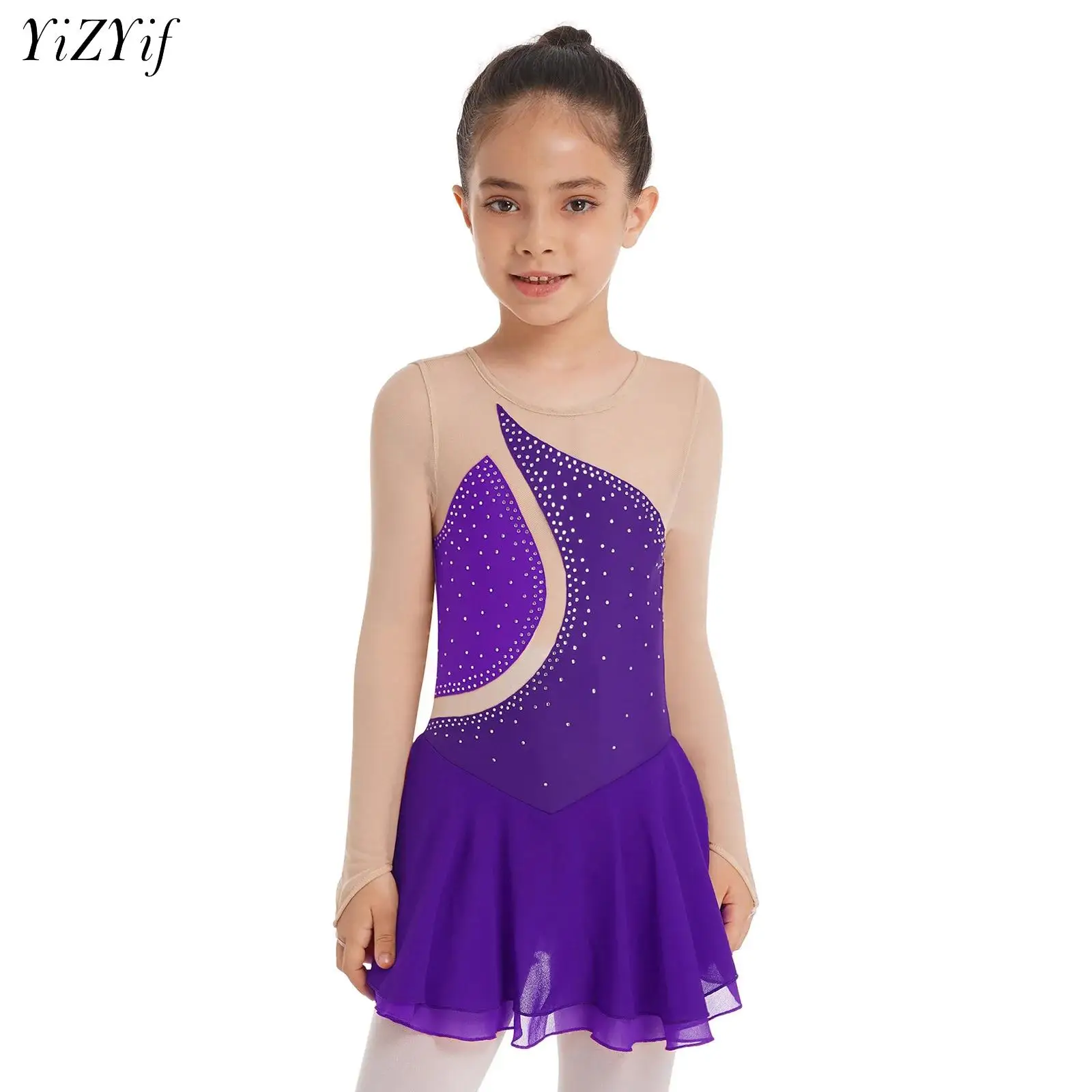 

Kids Girls Shiny Rhinestones Mesh Splice Ballet Dance Tutu Dress Gymnastic Leotard Figure Ice Skating Stage Performance Costume