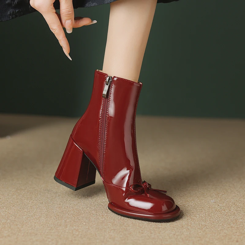 

2025 Lacquer Leather Women's Boots New Spring Autumn Fashion Thick Heel High Heels Side Zipper Women's Boots