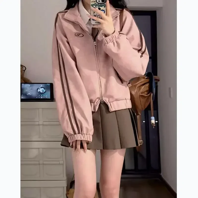 Deeptown Vintage Y2k Pink Suede Jacket Women Korean Fashion Streetwear Cropped Bomber Jackets Japanese Style College Spring Coat