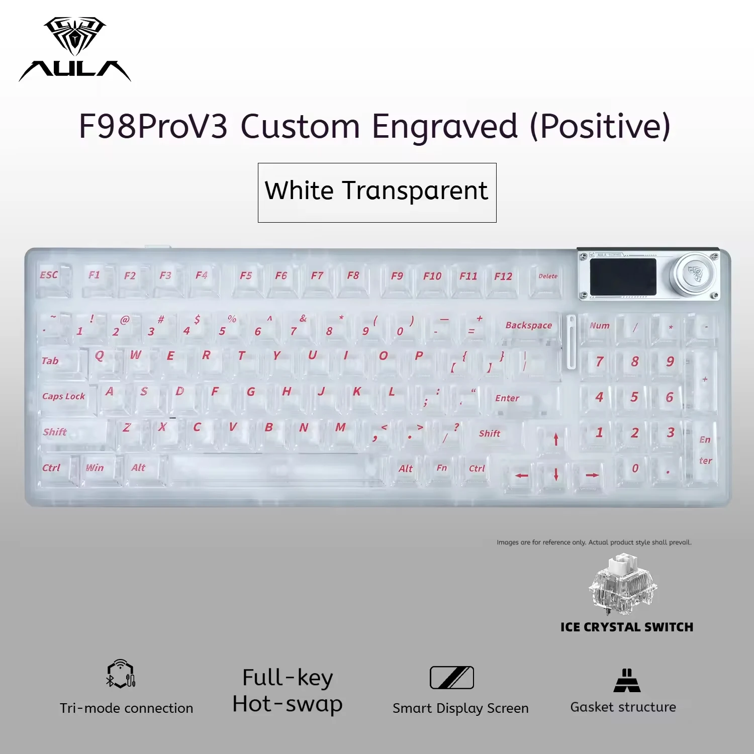 AULA F98 Pro V3 TFT Screen Tri-Mode Wireless Mechanical Keyboard RGB Backlit Hot-swap Gasket Structure 98% Layout Transparent Ke