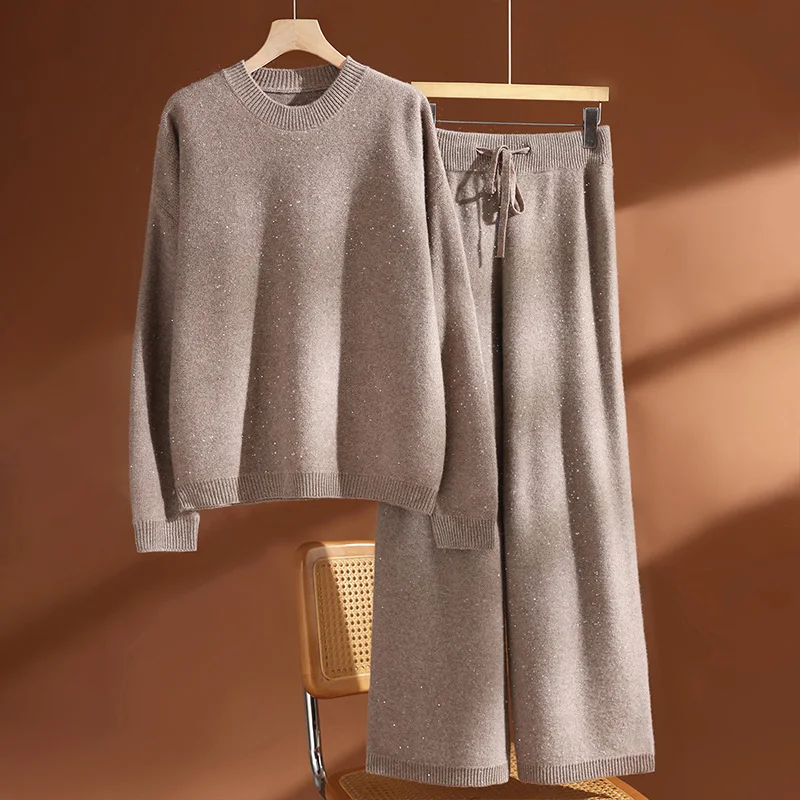 Set Sweater Rajut Wol 100% Berpayet CHICUU untuk Wanita dengan Kerah O dan Celana Kaki Lebar, Set Rajut Kasual Tebal untuk Musim Gugur dan Musim Dingin