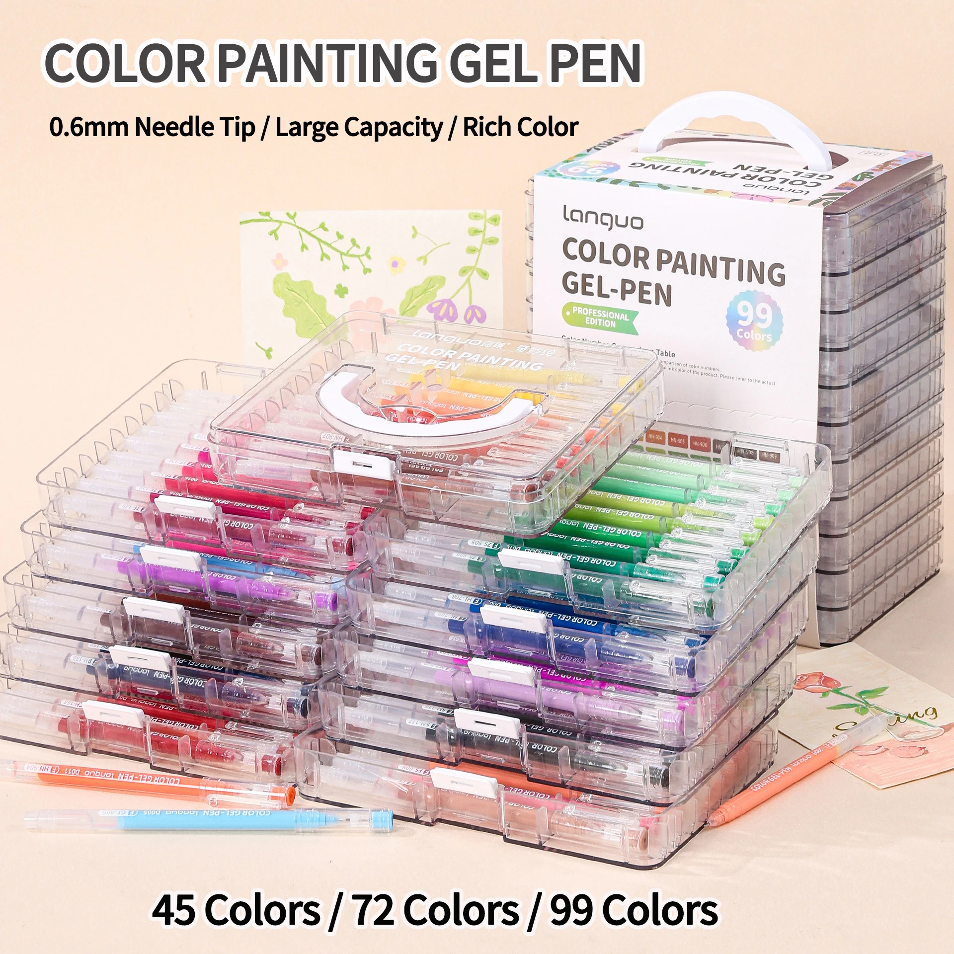 Languo Multi-Color Gel Pen 45/72/99 Colors 0.6mm Morandi Pen Large-Capacity Color Handbook Pen for Student Painting Graffiti