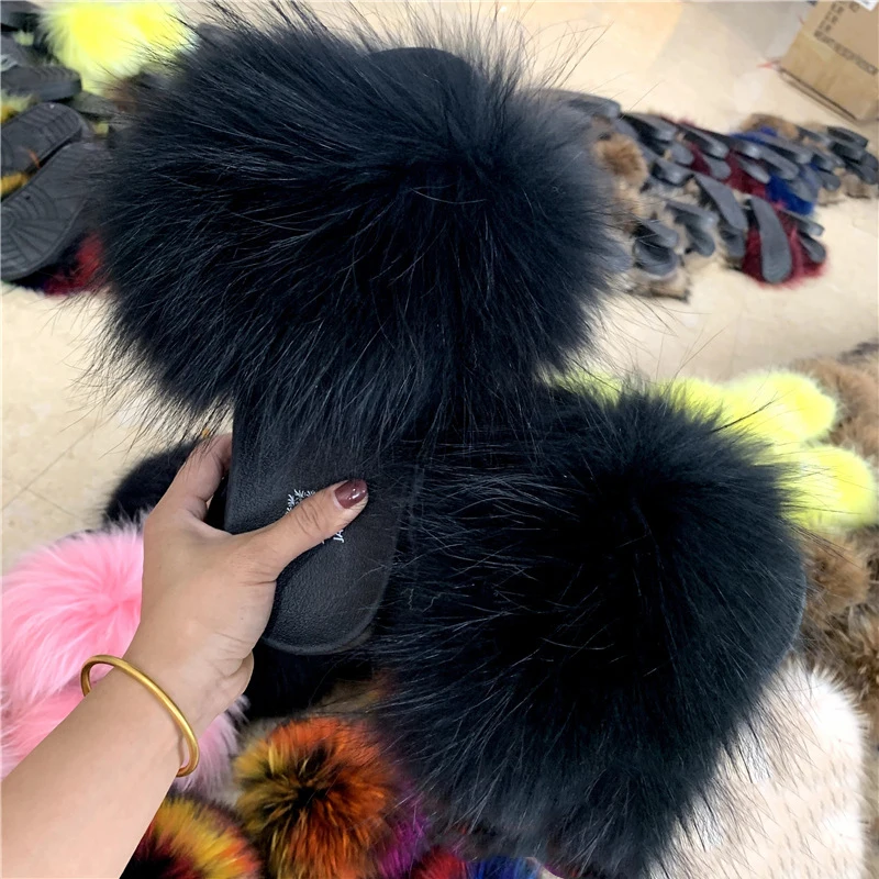 Natural Raccoon Fur Slippers Women Summer Home Slides Fluffy Furry Flip Flops Indoor Outdoor Flat Beach Sandals