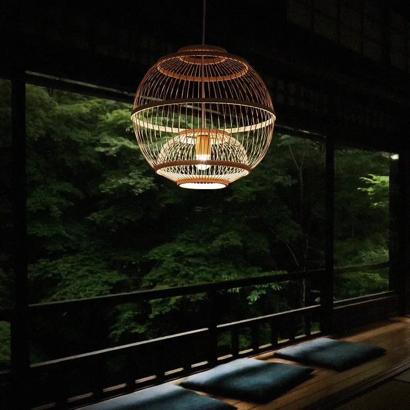 New Chinese Chandelier Bamboo Woven Modern Garden Japanese Teahouse Restaurant Private Room Zen Tatami Wood Bamboo Chandelier