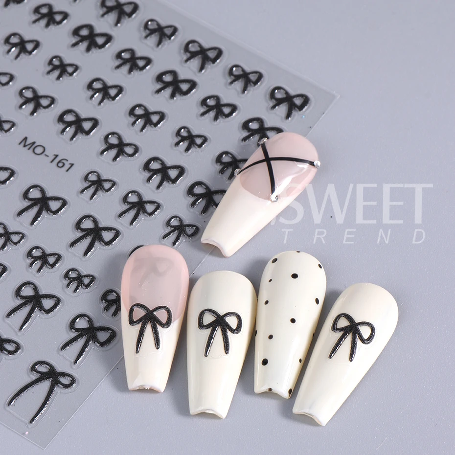 สติกเกอร์ติดเล็บลายโบว์เรียบง่าย 3 ชิ้น สีดำ ขาว เงิน ริบบิ้นผูกโบว์ กาวในตัว น่ารัก ตกแต่งเล็บวันวาเลนไทน์