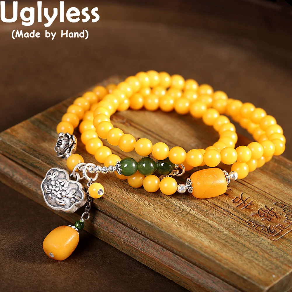 

Uglyless 3 Layers Elastic Rope Beeswax Amber Bracelets for Women Multi Natural Gemstones Beads Jewelry Real 925 Silver Bracelets