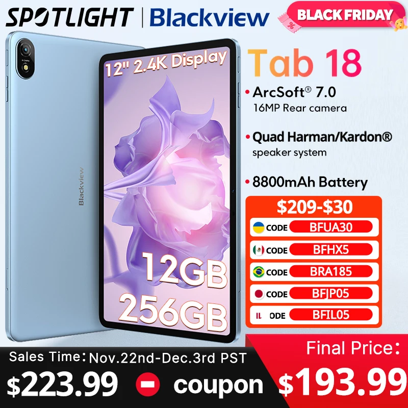 تابلت Blackview Tab 18 12 بوصة 12 جيجابايت + 256 جيجابايت 16 ميجابكسل 2.4 كيلو FHD + شاشة 8800 مللي أمبير في الساعة بطارية Widevine L1 MTK Helio G99 33 وات