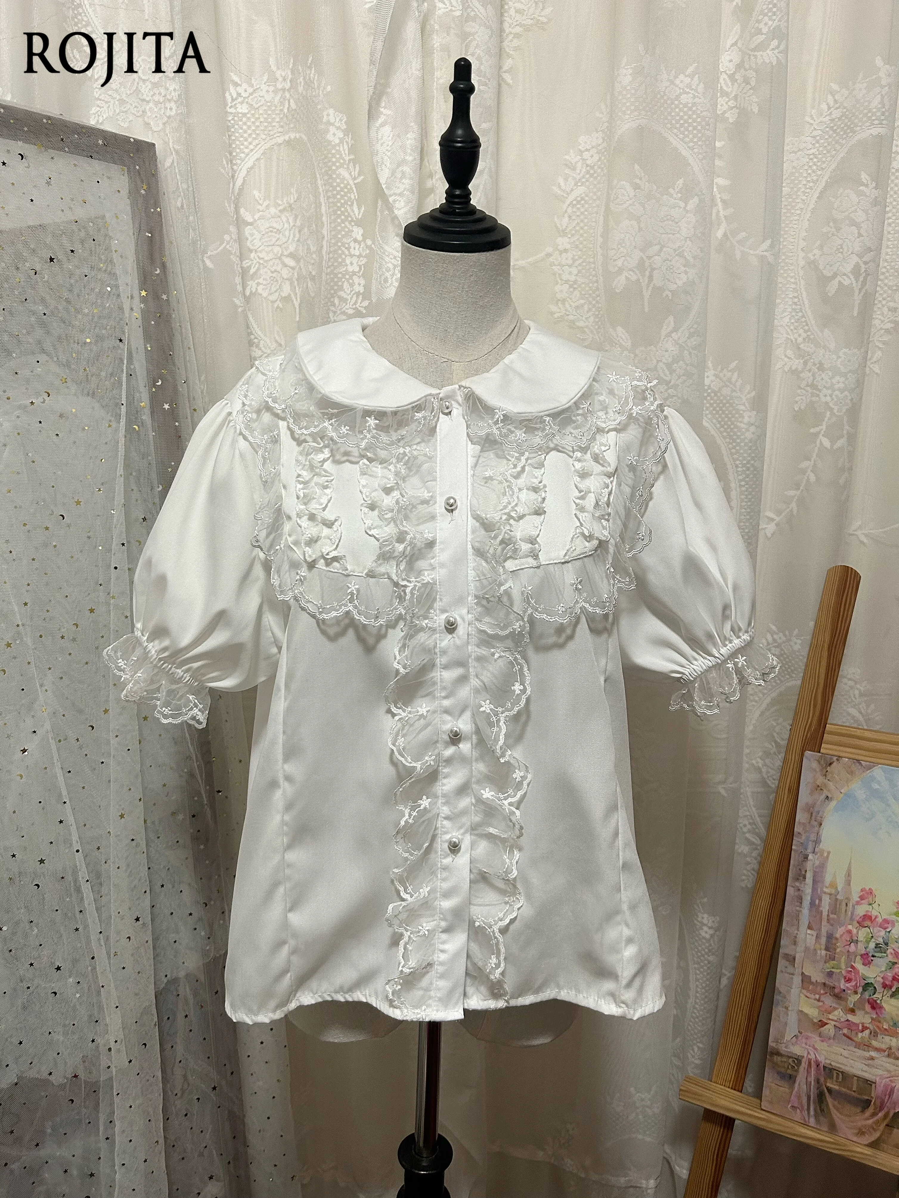 

4 XL Lolita Shirt Elegant White Lolita Blouse with Peter Pan Collar Lace Ruffle Puff Short Sleeve Button Down Shirt Women Tops