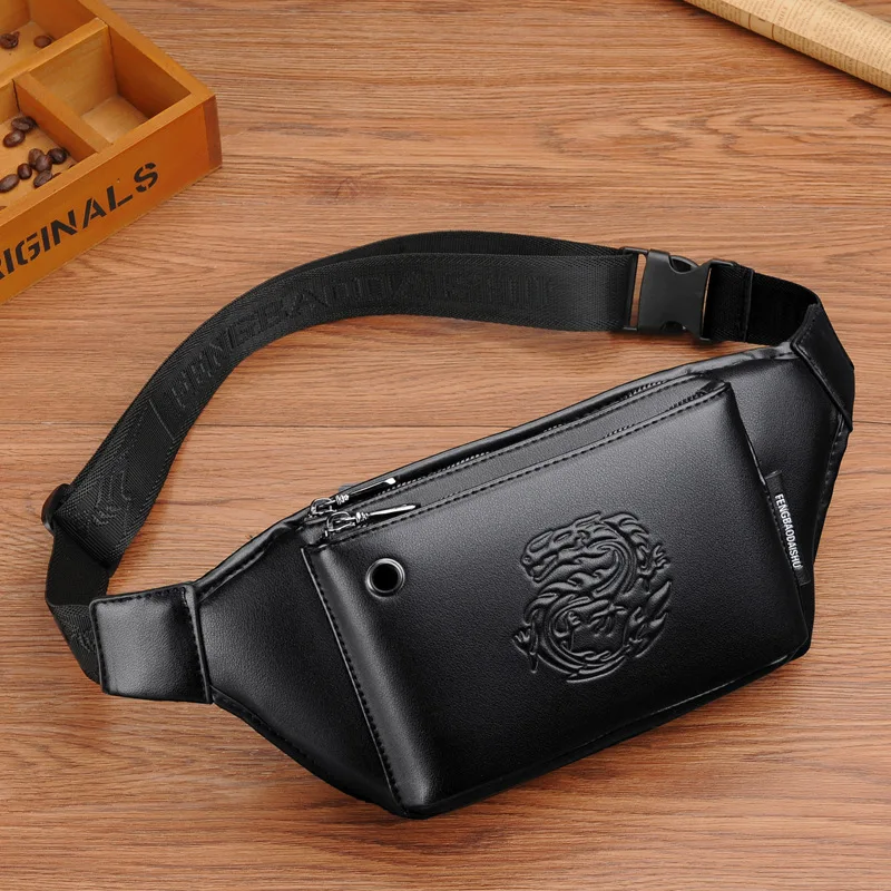 Fashion Printed Men's Waist Bags PU Leather Chest Bag Large Capacity Fanny Pack Man Belt Pouch Business Shoulder Messenger Bag