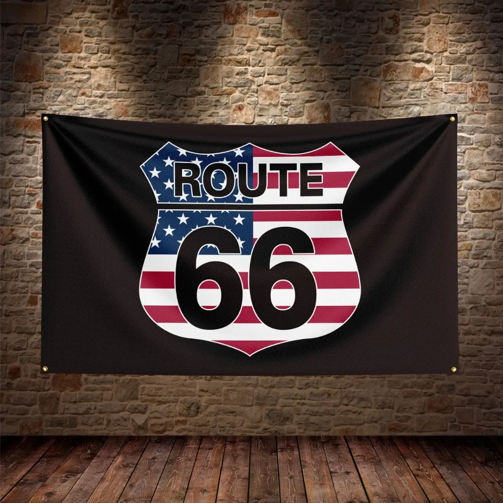 3X5Ft U.S. Route 66 Motorcycle Flag Polyester Digital Printing Car Banner For Decor