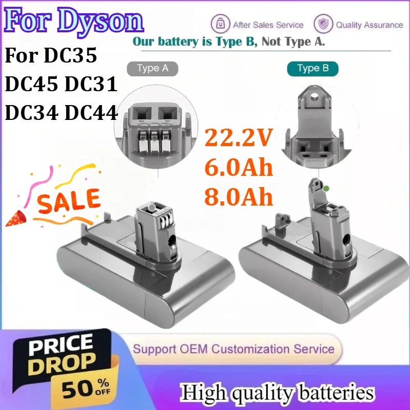 

(Type A/B) 22.2V 6.0Ah/8.0Ah Vacuum Cleaner Battery for Dyson DC35/ DC45/ DC31/ DC34/DC44/DC31 Animal/ DC35 Animal/917083-01