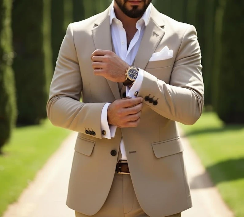 

Custom Beige Men’s Suit Tailored 2 Piece Slim Fit Groom Suit Wedding Formal Wear Blazer Pants