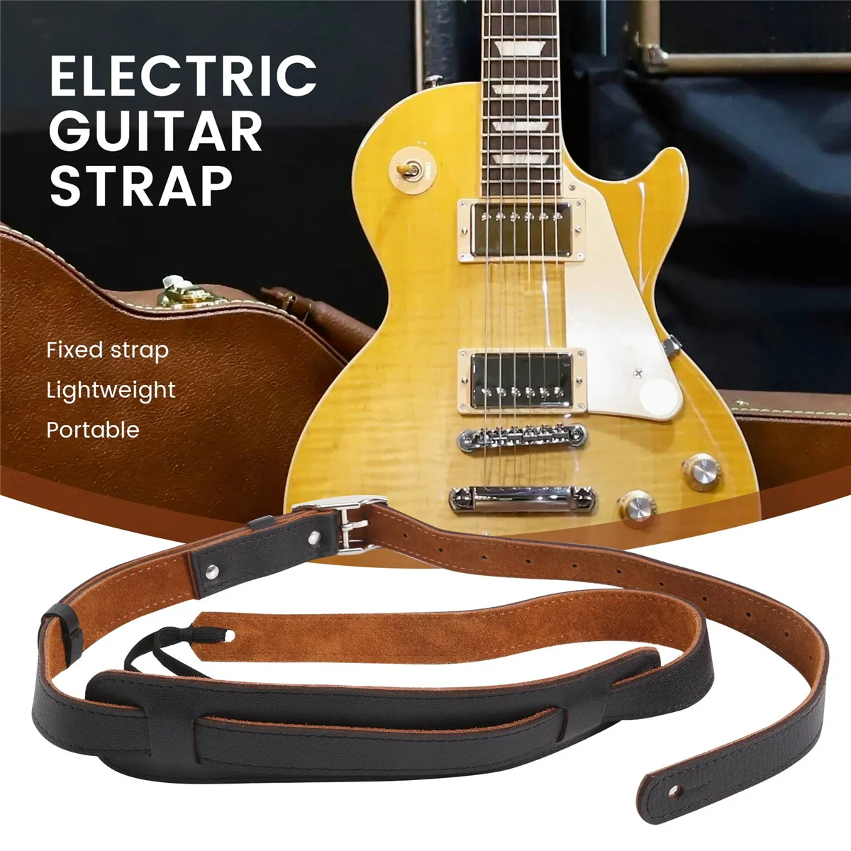 Practical Durable Leather and Metal Buckle Electric Guitar Strap Belt Shoulder Pad Adjustable Vintage Guitar Straps-Black Color
